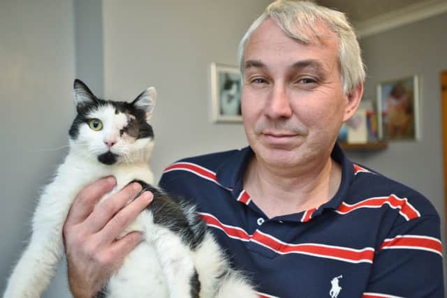 Jim the cat who was shot in the eye at Glinton with his owner  Steve Perry EMN-160219-174605009