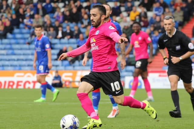 Erhun Oztumer in action for Posh at Oldham in September. Photo: Joe Dent/theposh.com.