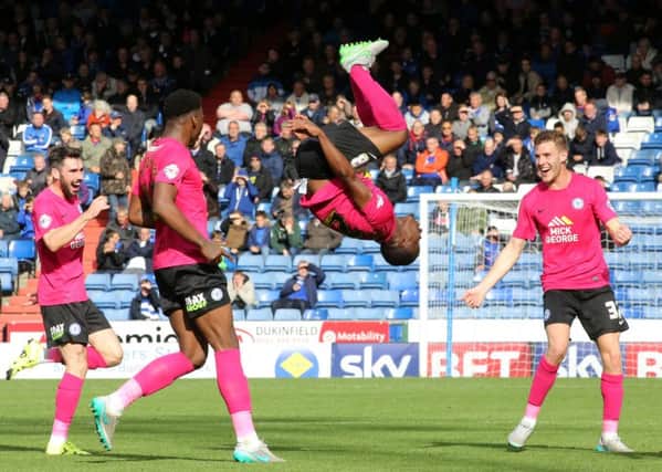 Souleymane Coulibaly celebrates a goal for Posh in a 5-1 win at Oldham. Photo: Joe Dent/theposh.com.
