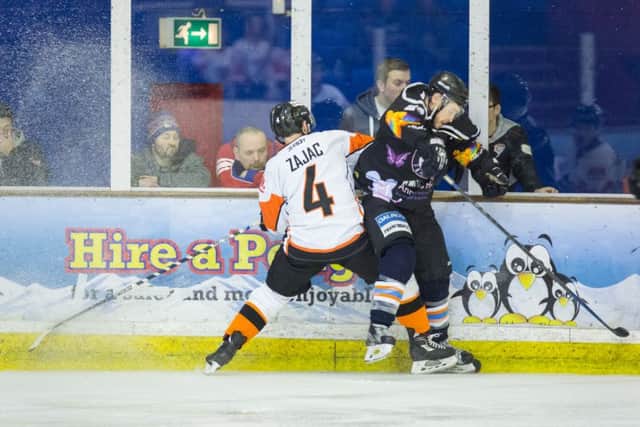 Lloyd Gibson battles for the puck on the boards with Tigers Sam Zajac. Picture: Tom Scott