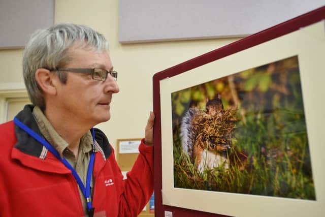 Kevin Maxfield with his photograph of a squirrel at Deepings Camera Club's 13th annual exhibition at Deepings Community Centre. Market Deeping. Photo by David Lowndes.