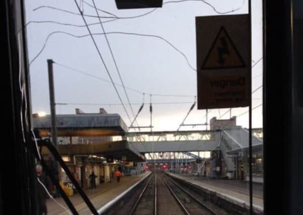 The train driver's smashed window as the train arrived in Peterborough