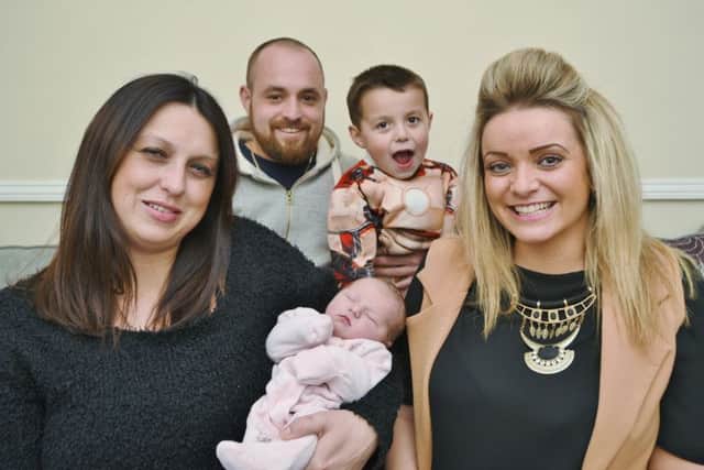 Katie Staggs with baby Alexa Ames, dad Rob Ames, son Robbie Ames (5) and friend Emma Beeby  EMN-160224-171756009