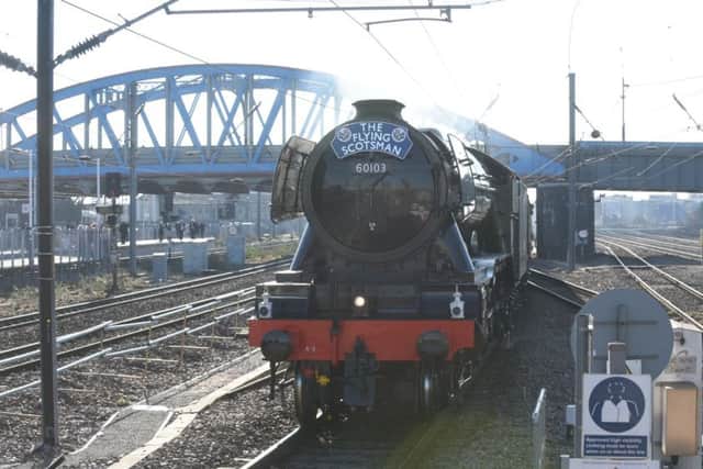 The Flying Scotsman coming into Peterborough Station