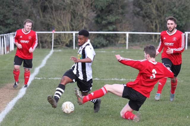 Rueben Ray in action for Peterborough Northern Star during their 1-0 defeat at Rothwell Corinthians. Photo: Tim Gates.