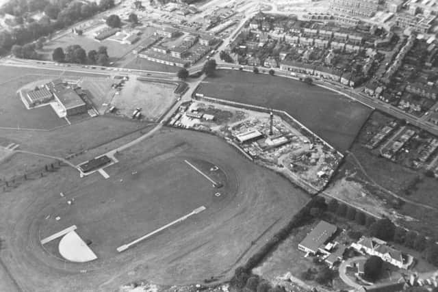 Aerial view: This picture is undated but was possibly taken in the late 1970s. It shows Peterborough athletics track but the neighbouring Regional Pool had not yet been built. The building in the upper left part of the picture is The Wirrina which was home to many leisure events and clubs.