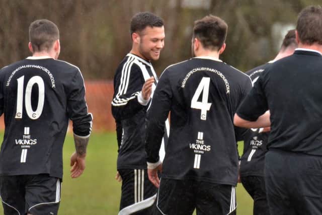 Langtoft celebrate a goal in their 5-3 defeat at Pinchbeck. Photo: Tim Wilson.