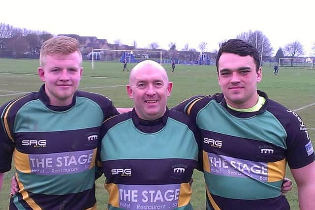 Clayton Bell (right, 18) who made his first start for Deepings 1st XVs on Saturday alongside dad Clint and older brother Charlie (21).