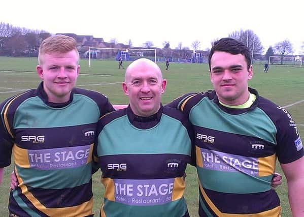 Clayton Bell (right, 18) who made his first start for Deepings 1st XVs on Saturday alongside dad Clint and older brother Charlie (21).