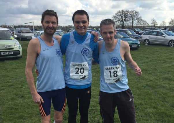 The Cambridgeshire team that finished third in the Eastern Counties 20-mile road race championships was from the left  Steve Hall, Chris Darling and Danny Snipe.