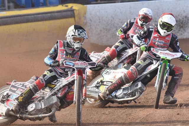 Michael Palm Toft leads Emil Grondal and Ulrich Ostergaard in heat five of the latter's testimonial meeting. Photo: David Lowndes.