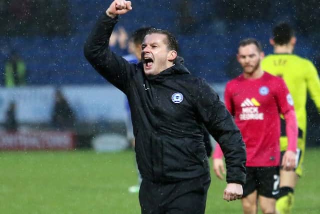Posh boss Graham Westley celebrates the his team's last win, at Chesterfield on February 6. Photo: Joe Dent/theposh.com.