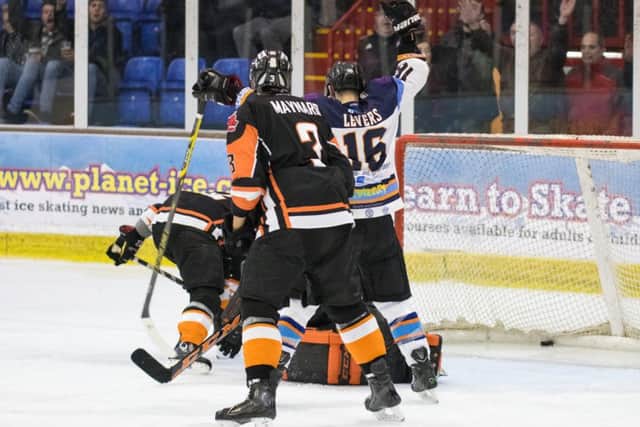 Marc Levers celebrates putting Phantoms 3-1 up. Picture: Tom Scott