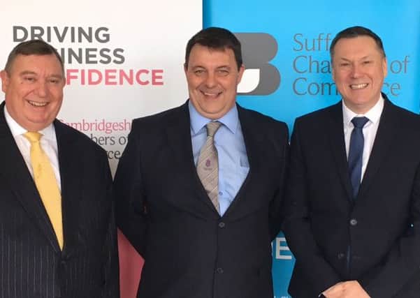 From left,  John Bridge, chief executive of Cambridgeshire Chambers of Commerce, Cllr James Waters, leader of Forest Heath District Council and Graham Abbey, vice president of Suffolk Chamber of Commerce.