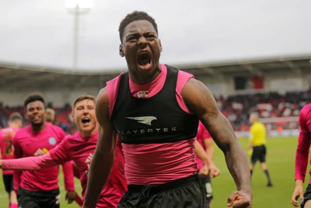 Ricardo Santos celebrates after scoring the winning goal for Posh at Doncaster. Photo: Joe Dent/theposh.com.