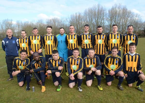 Bretton North End before their draw with Baston. (back row, left to right):  Joe Duffy, Liam Reynolds, Danny Wilder, Kane Gilbert, Paul Passero, Ben Lawrence, Daniel Woodward, Kyle Orange, Harry Woodward, Conor Pridmore. (front) Ricky Rosario, Fernand Bass, Harley Williams, John Danskin, Paul Kelly, Robbie Osker and Dylan Horn. Photo: David Lowndes.