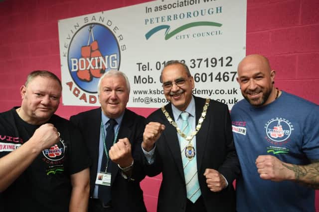Kevin Sanders with Coun. John Okonkowski, Deputy Mayor Nazim Khan and gym owner Vic Imbriano at the launch of the Kevin Sanders boxing academy EMN-150914-204933009