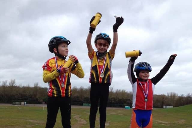 Harry Tozer (left) and Evander Wishart (centre) on the podium at Milton Keynes.