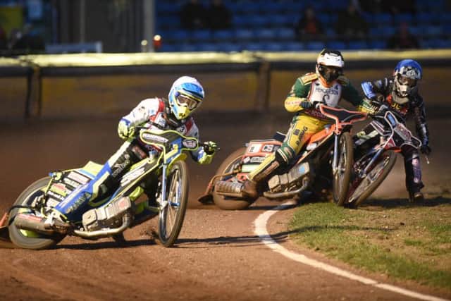 Michael Palm Toft (right) about to tangle with Zdenek Holub of Scunthorpe in heat three. Picture: David Lowndes