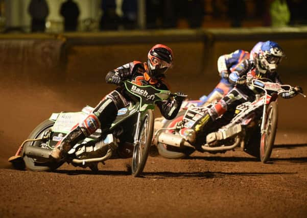 Nikolaj Busk Jakobsen (left) and Michael Palm Toft (right) on their way to a 5-1 in heat 5. Picture: David Lowndes