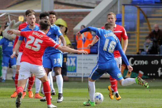 Harry Beautyman is about to put Posh 1-0 up against Crewe. Photo; Joe Dent/theposh.com.