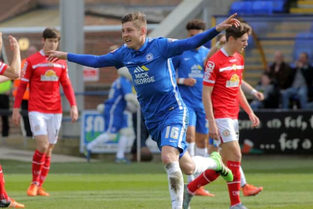 Posh midfielder Harry Beautyman celebrates his first goal against Crewe. Photo: Joe Dent/theposh.com.