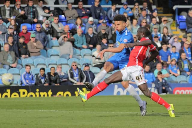 Lee Angol fires home rhe third Posh goal against Crewe. Photo: Joe Dent/theposh.com.