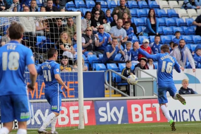 Harry Beautyman is about to tuck in his second goal for Posh against Crewe. Photo: Joe Dent/theposh.com.