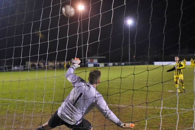 Stanground's Finnegan Brookes misses the final penalty in the PFA Sunday Cup Final shoot-out. Photo: David Lowndes.