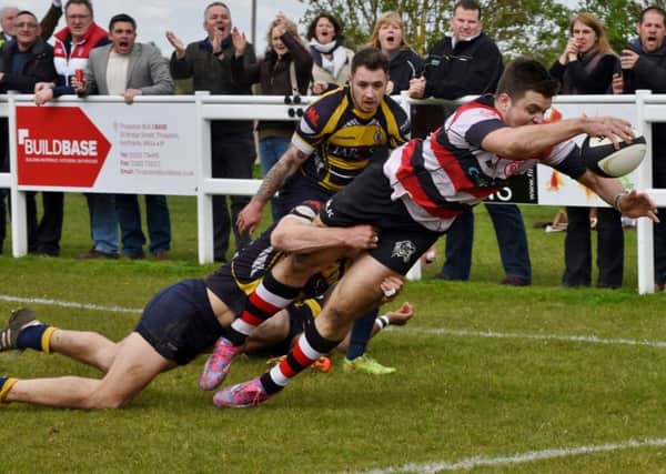 Toby Snelling scores a try for Oundle against West Leeds. Picture: Kevin Goodacre