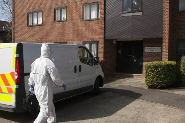 Police investigating the death of Adrian Greenwood, who found stabbed in his Oxford home, search the home of Michael Danaher, 50,Hadrians Court, Peterborough.,
Hadrians Court, Peterborough
13/04/2016. 
Picture by Terry Harris. THA