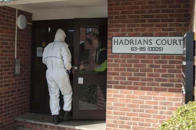 Police investigating the death of Adrian Greenwood, who found stabbed in his Oxford home, search the home of Michael Danaher (aged 50), Hadrians Court, Peterborough., Hadrians Court, Peterborough 13/04/2016.  Picture by Terry Harris. THA