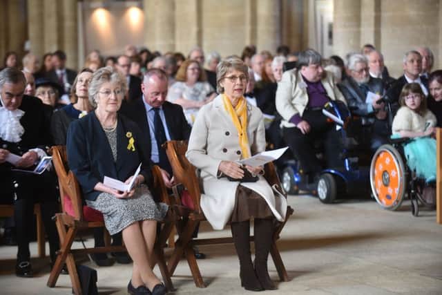 Duchess of Gloucester, the patron of Shine attends the charity's service at Peterborough Cathedral with Lady Victoria Leatham. EMN-160413-133703009