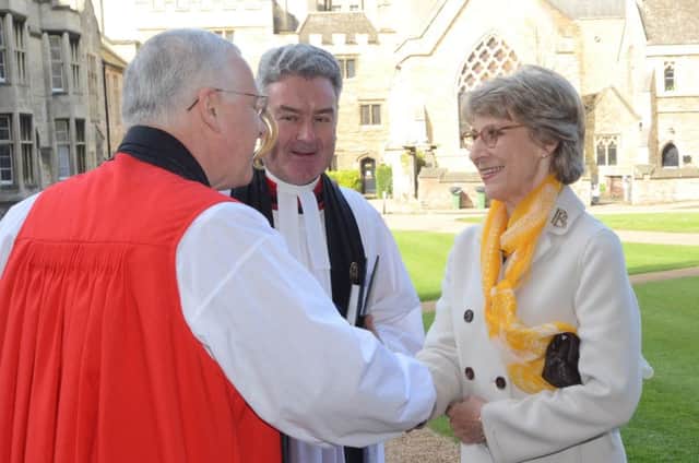 Duchess of Gloucester, the patron of Shine attends the charity's service at Peterborough Cathedral with Lady Victoria Leatham. They are pictured meeting  Bishop Donald and Canon Bruce Ruddock outside the West Front EMN-160413-133502009