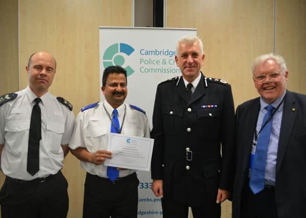 From left to right: Sergeant Keith Pryke, PCSO Thomas Puthenpurayil, Chief Constable Alec Wood and PCC Sir Graham Bright.