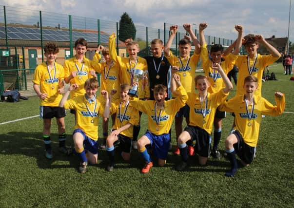 Sawtry celebrate after winning the Cambs Schools Year 8 Cup final. Picture: Julie Morton/Photosunlimited