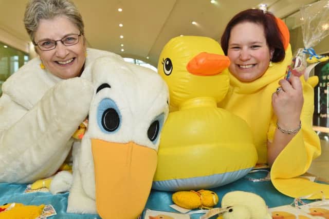 Ann Rowcliffe and Lian Faulds from the Little Yellow Duck project handing out ducks at Serpentine Green EMN-160415-145953009