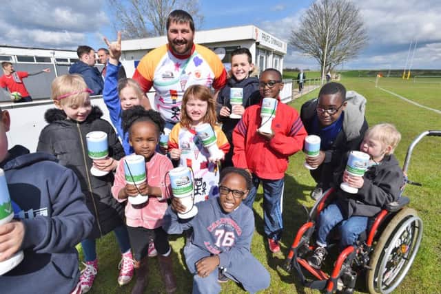 PURFC at Fengate: Jessica Bailey and her friends collecting for Little Miracles. The five-year-old designed the rugby shirt for the match EMN-160416-172751009