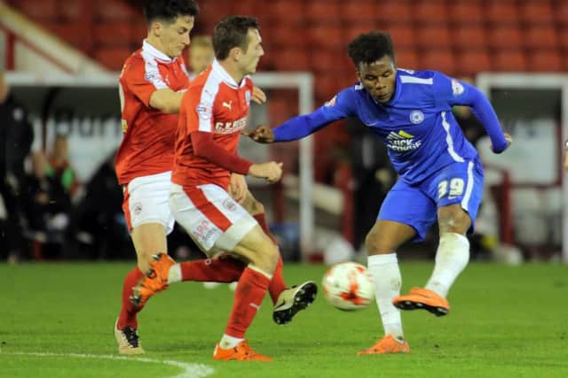Posh striker Shaquile Coulthirst shoots wide after a second-half attack at Barnsley. Photo: Joe Dent/theposh.com.