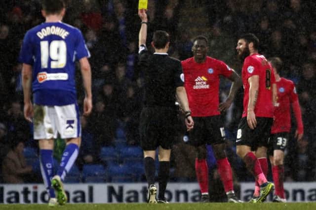 Ricardo Santos is shown a second yellow card in the game at Chesterfield. Photo: Joe Dent/theposh.com.