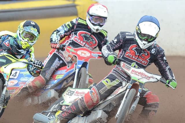 Simon Lambert and Emil Grondal in heat 14 action for Panthers against Somerset Rebels. Photo: David Lowndes.