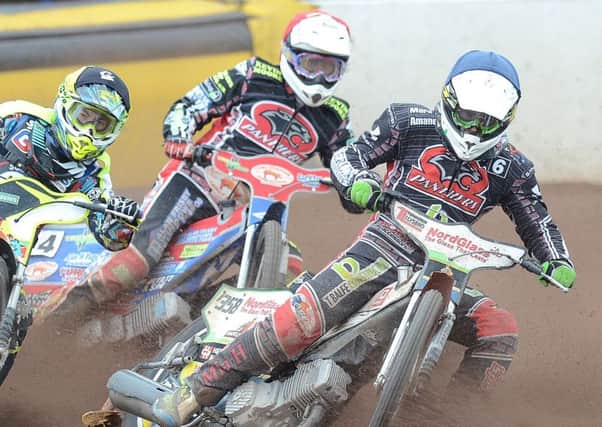 Simon Lambert and Emil Grondal in heat 14 action for Panthers against Somerset Rebels. Photo: David Lowndes.