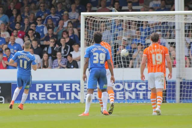 Posh star Marcus Maddison scores from the penalty spot against Blackpool. Photo: Joe Dent/theposh.com.