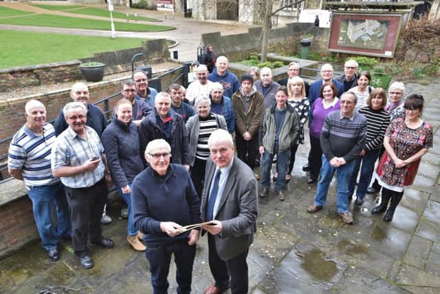 Retiring stonemason with John Lucus company Jeff Wetherington with his MD John Samworth and colleagues at his retirement party at Peterborough Cathedral where he worked for many years. EMN-160325-092153009