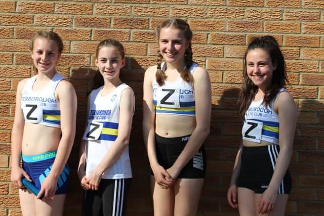 The victorious PAC Under 13 girls 4x100m relay tea m of (from the left) Louise Chance, Charlotte Dunstone, Elizabeth Taylor and Sophie Stevens.