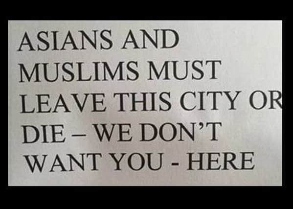 The racist flyer circulated in the Cromwell Road area of Peterborough