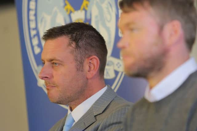 Chairman Darragh MacAnthony (left) at the Posh press conference with new manager Grant McCann. Photo: Joe Dent/theposh.com.