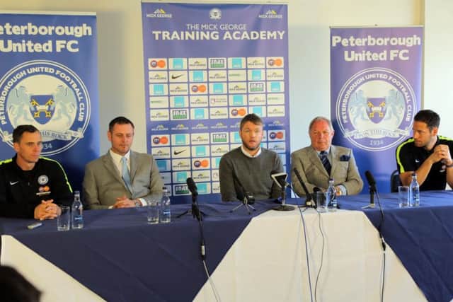 The top table at the Posh press conference, from left, David Farrell, Darragh MacAnthony, Grant McCann, Barry Fry and Mark Tyler. Photo: Joe Dent/theposh.com.