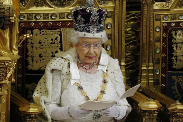 Queen Elizabeth II delivers the Queen's Speech to the House of Lords in the Palace of Westminster during the State Opening of Parliament 556386413