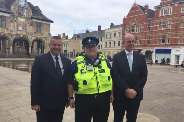 Jason Ablewhite, PCSO Phill Prisk and Andy Coles in Cathedral Square